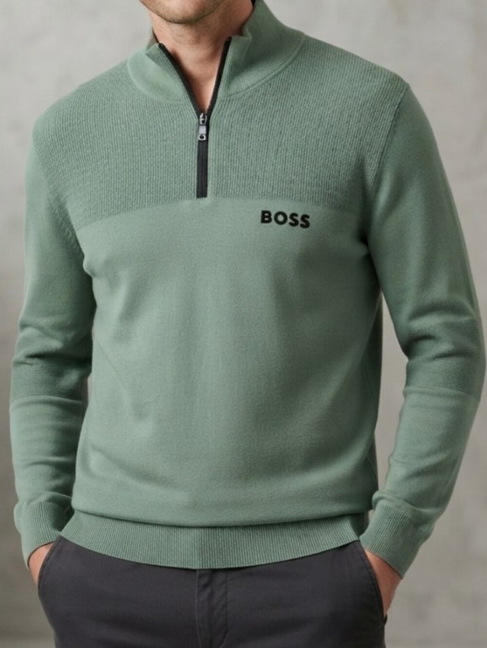 BOSS Men's Half-Zip Knit Sweater in Sage Green